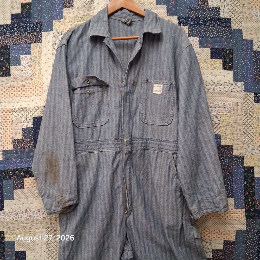 True Vintage Big Mac Fisher Stripe Herringbone Coveralls Mens Large Talon Zip